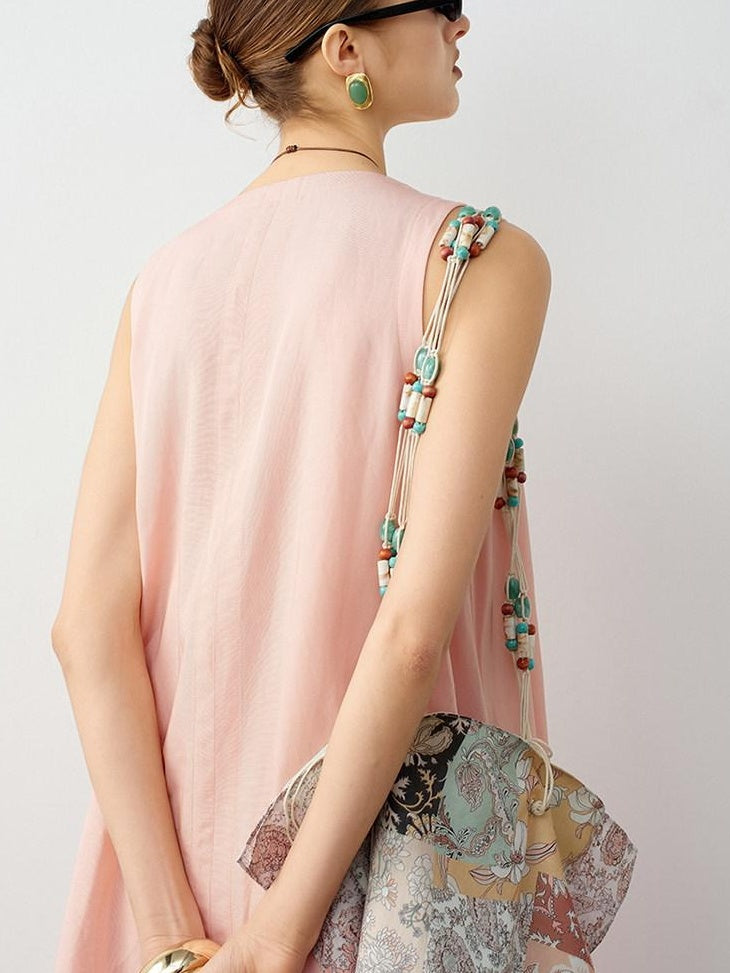 audreyyang Linen Blend V-neck Sleeveless A Line Casual Pink Maxi Dresses