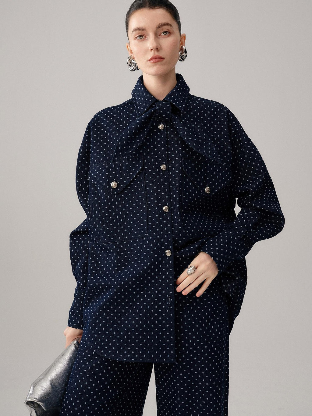 audreyyang Bow Detail Loose Fit Casual Women Daily Polka Dot Cotton Denim Jackets