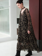 audreyyang Soft Viscose Ruffle Casual A Line Zebra V-neck Long Sleeve Maxi Dresses