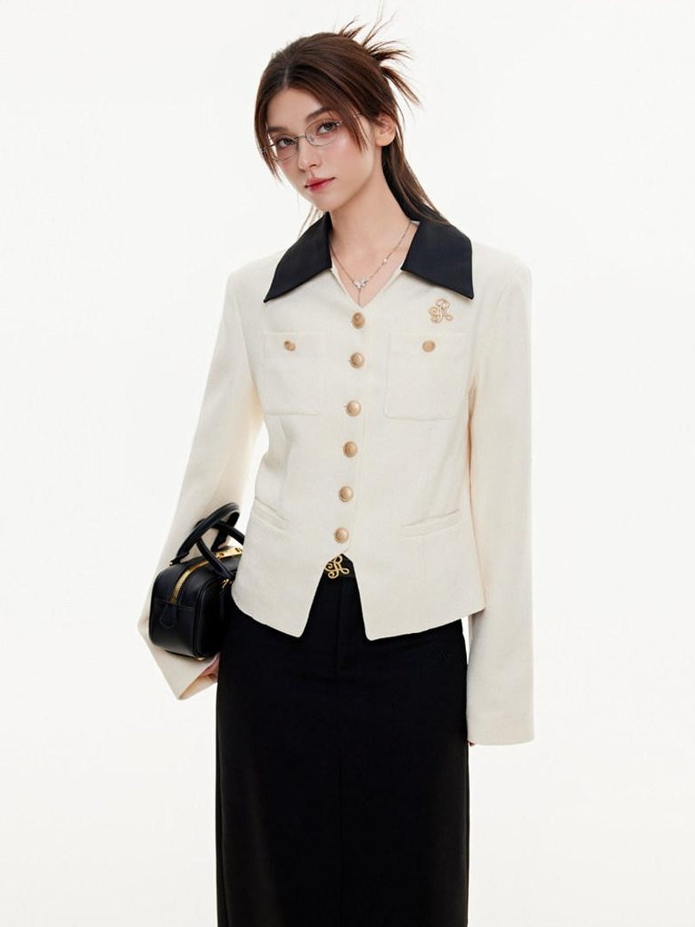 ikyou Office Slim Fit White Lapel Button Multi Pocket Women Cropped Jackets