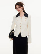 ikyou Office Slim Fit White Lapel Button Multi Pocket Women Cropped Jackets