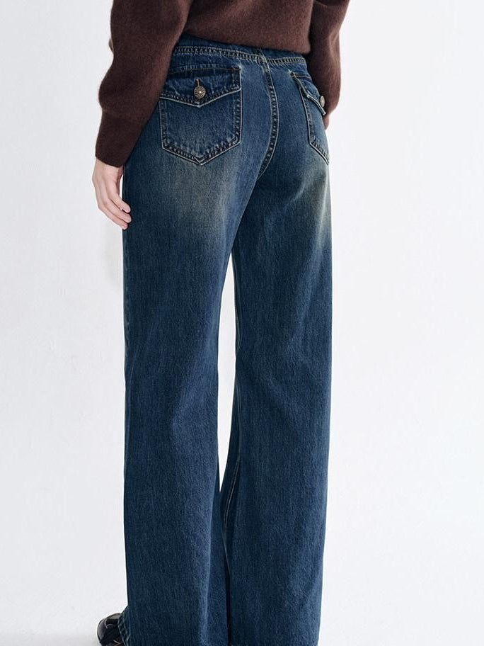 fano Breathable Cotton Wide Natural Waist Plaid Womens Straight Leg Jeans