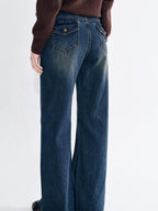 fano Breathable Cotton Wide Natural Waist Plaid Womens Straight Leg Jeans