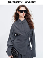 audreyyang Striped Relaxed Lapel Button Long Sleeve Casual Women Polyester Top & Pants Sets