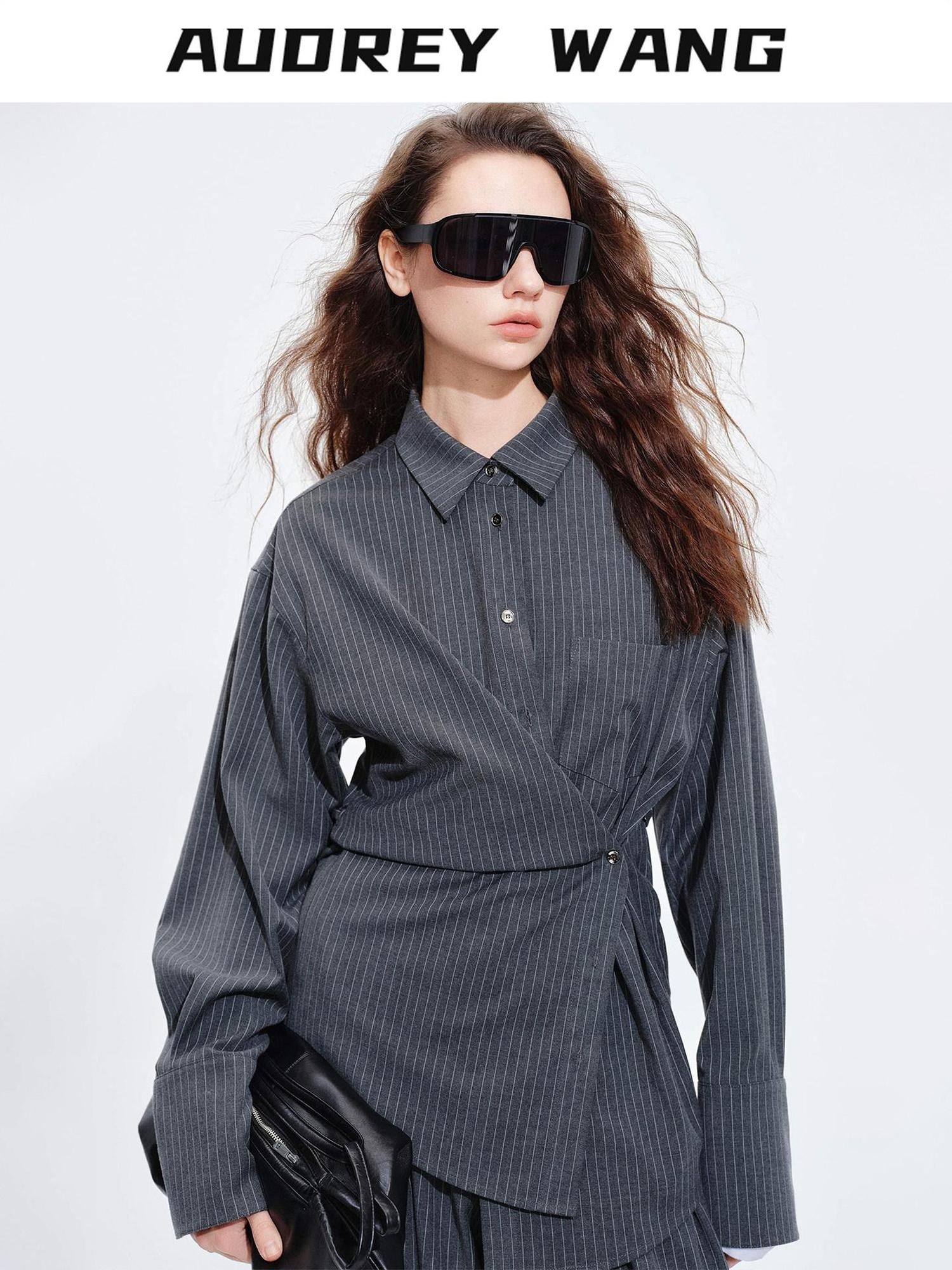 audreyyang Striped Relaxed Lapel Button Long Sleeve Casual Women Polyester Top & Pants Sets