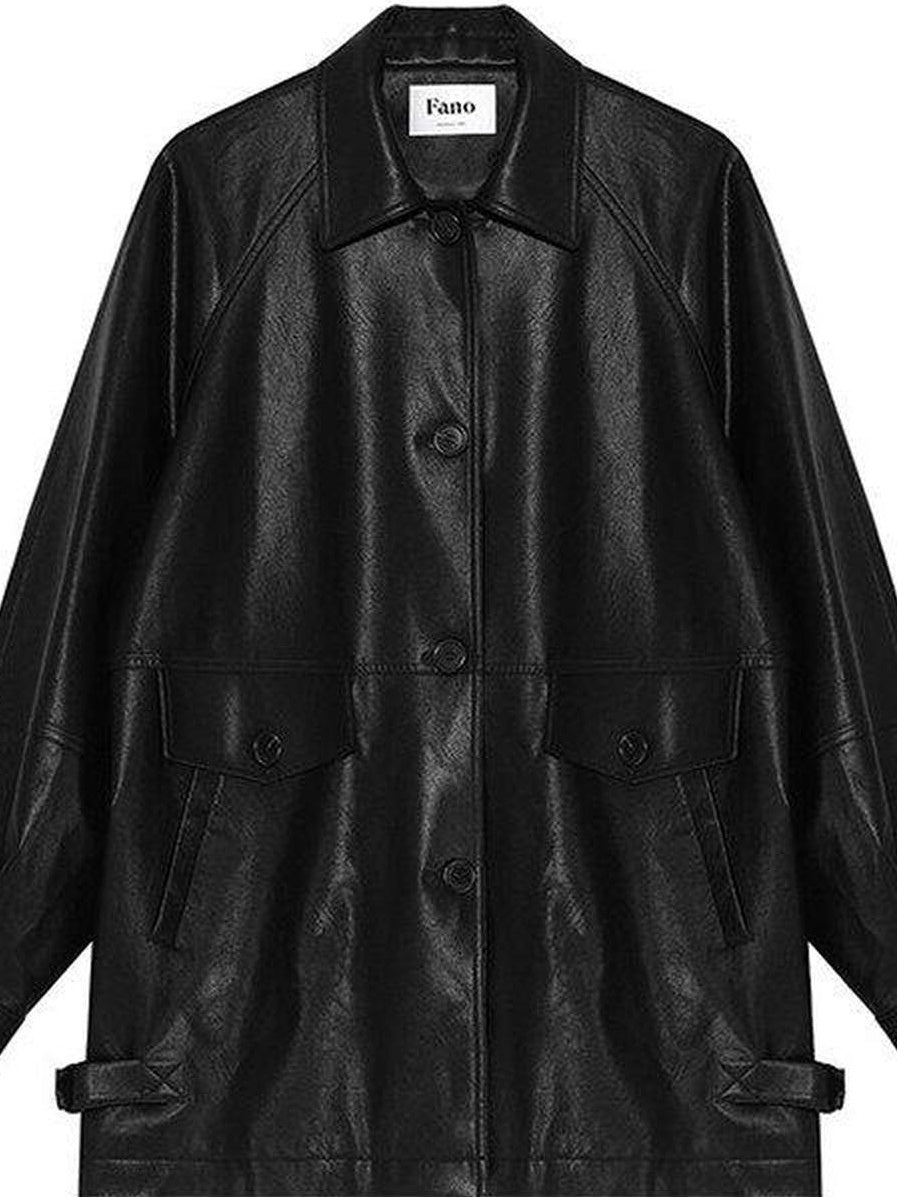 fano Warm Vintage Loose Fit Turn Down Collar Button Closure For Women Leather Jackets