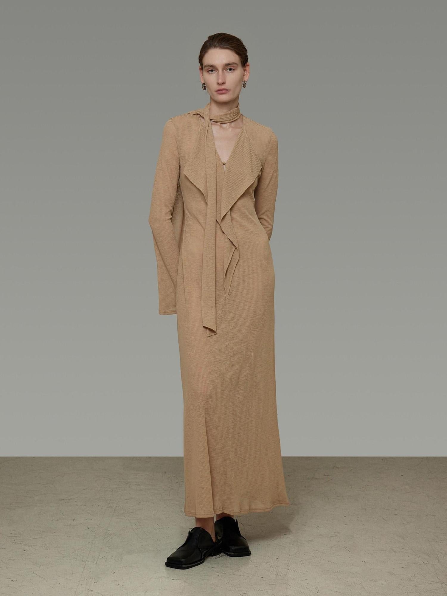 unspoken Breathable High Waist Sash V-neck Aline Longsleeve Office Polyester Maxi Dresses