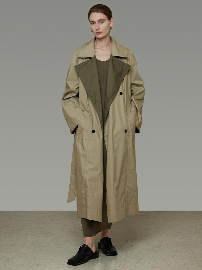 unspoken Minimal Commuter Long Double Breasted Loose Fit Women Black Olive Trench Coats
