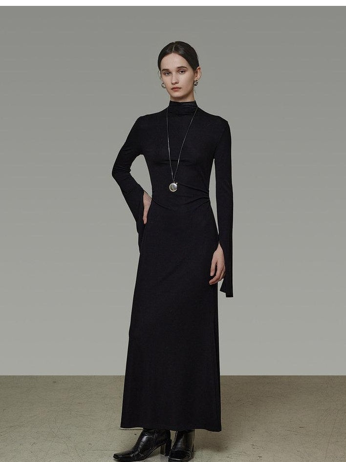 unspoken Soft Breathable Viscose Knit High Waist Aline Slim Black Maxi Dresses