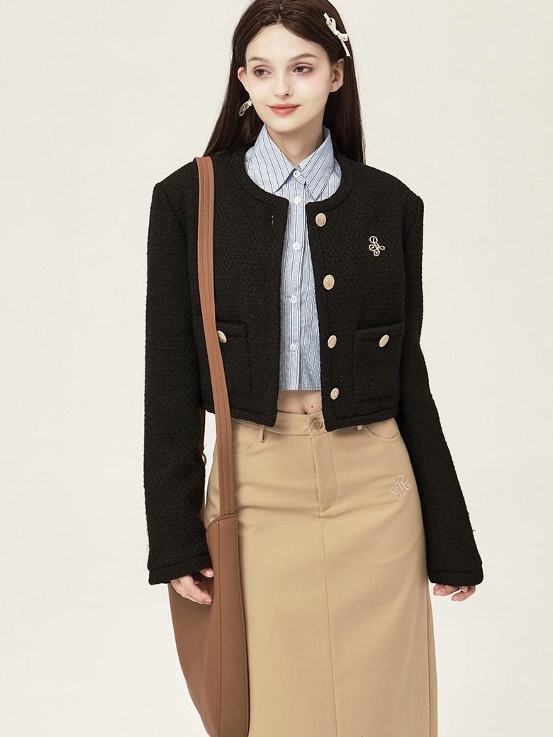 ikyou 3D Button Trim Slim Fit Office Long Sleeve Solid Polyester Cropped Jackets