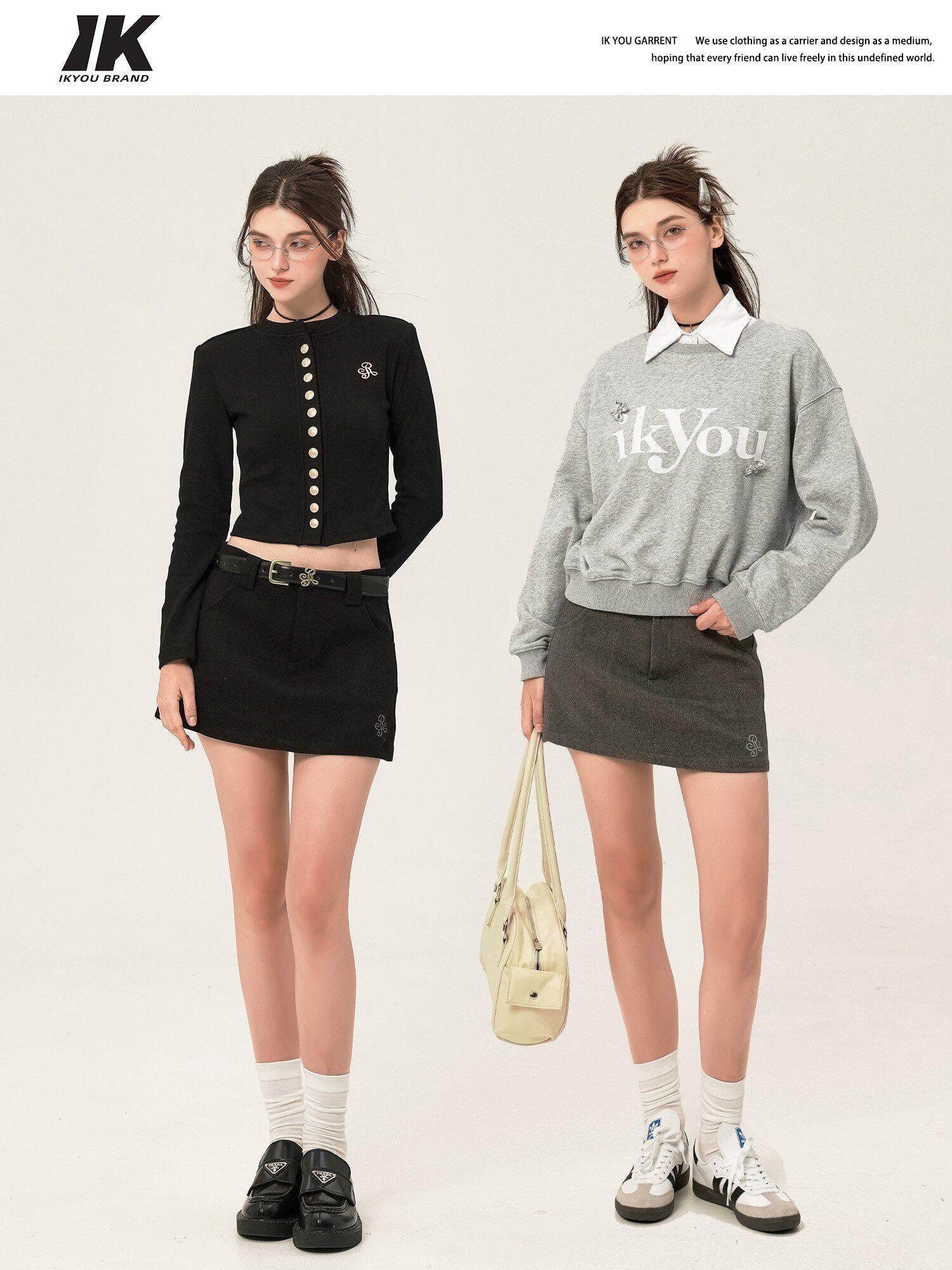 ikyou Shape Retention Lined Embroidered A Line Mid Waist Slim Women Black Mini Skirts