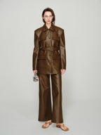 audreyyang Pu Leather Multi Pocket Loose Fit Lapel Button Cuff Burgundy Leather Jackets