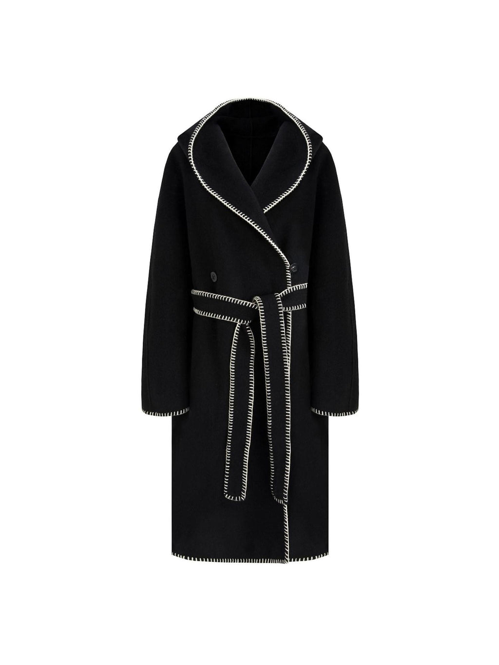 unspoken Cozy Minimalist Commuter Loose Hooded Midlength Women Black Tie Wool Coats
