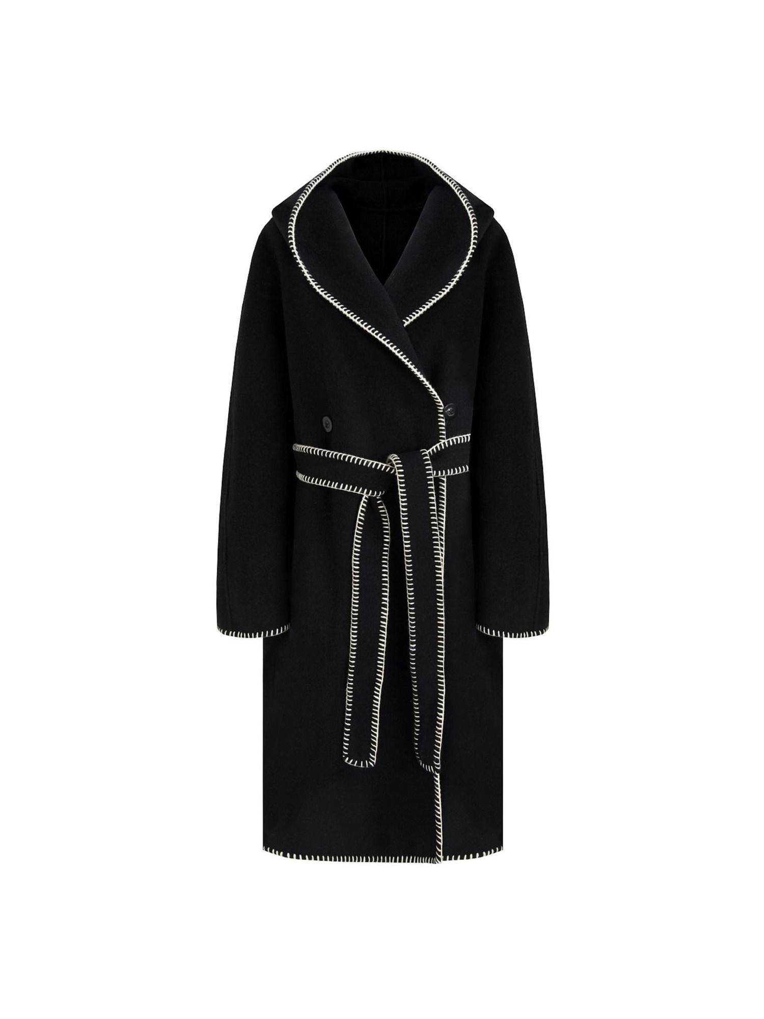 unspoken Cozy Minimalist Commuter Loose Hooded Midlength Women Black Tie Wool Coats