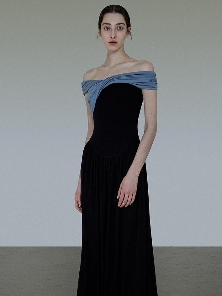 unspoken High Waist Colorblock V-neck A Line Viscose Knit Casual Women Maxi Dresses