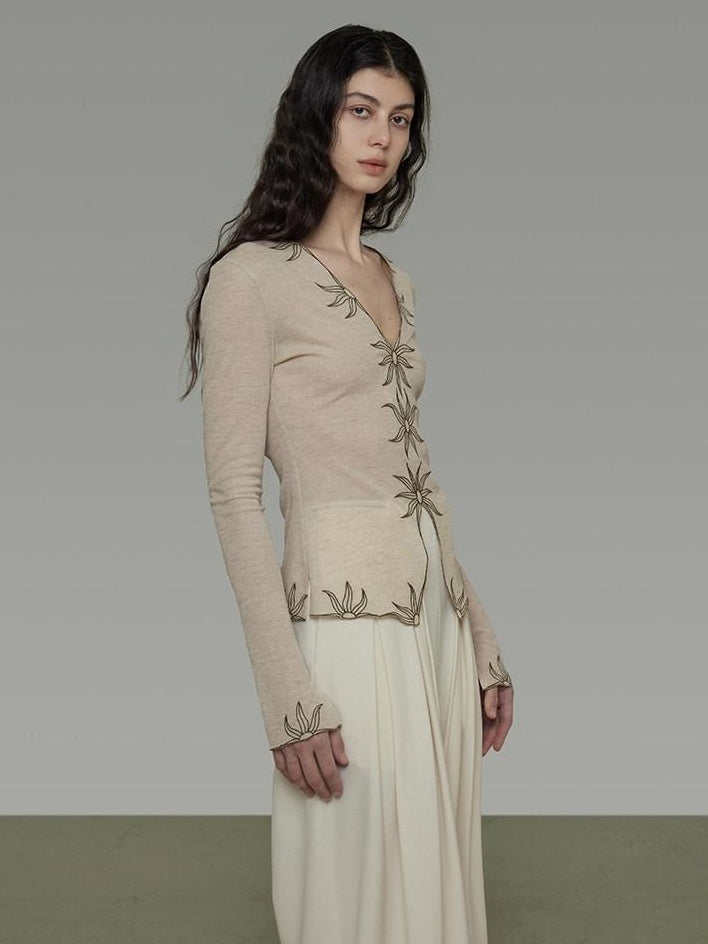 unspoken Embroidered Floral V-neck Slim Fit Bell Sleeve Casual Women Polyester Blouses