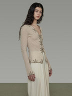 unspoken Embroidered Floral V-neck Slim Fit Bell Sleeve Casual Women Polyester Blouses