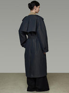 unspoken Navy Cotton Denim Double Breasted Loose Fit Commuter Women Trench Coats