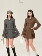ikyou Tassel Button Slim Fit Square Neck Long Sleeve Work Gray Brown Top & Skirt Sets