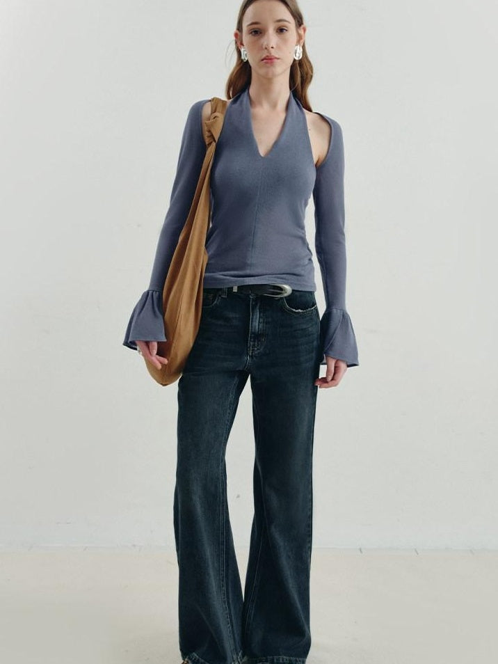 someonesometimes Vintage Washed Low Rise Distressed Denim Stretch Women Deep Indigo Flared Jeans