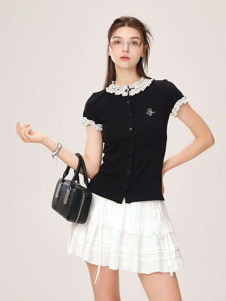ikyou Cotton Stretch Slim Polka Dot Ruffle Women Short Sleeve Buttoned Knit Cardigans