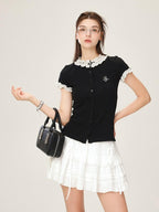 ikyou Cotton Stretch Slim Polka Dot Ruffle Women Short Sleeve Buttoned Knit Cardigans