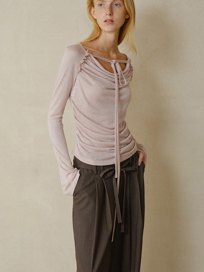 someonesometimes Lyocell Blend Slim Ruched Bell Sleeve Mauve Drape Neck Long Sleeve T-Shirts