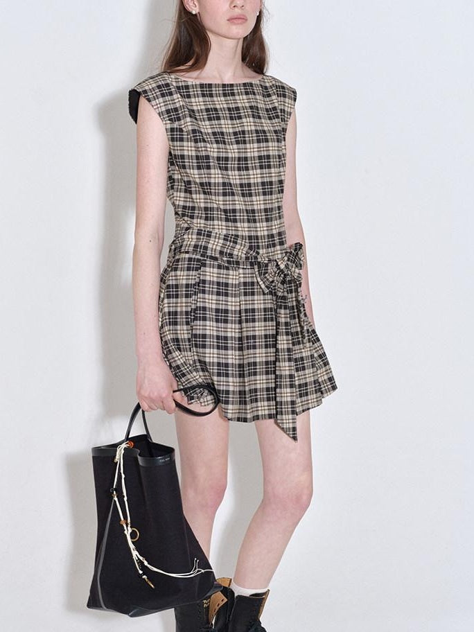 fano Plaid Sleeveless H Line Natural Waist Office Dress For Women Midi Dresses