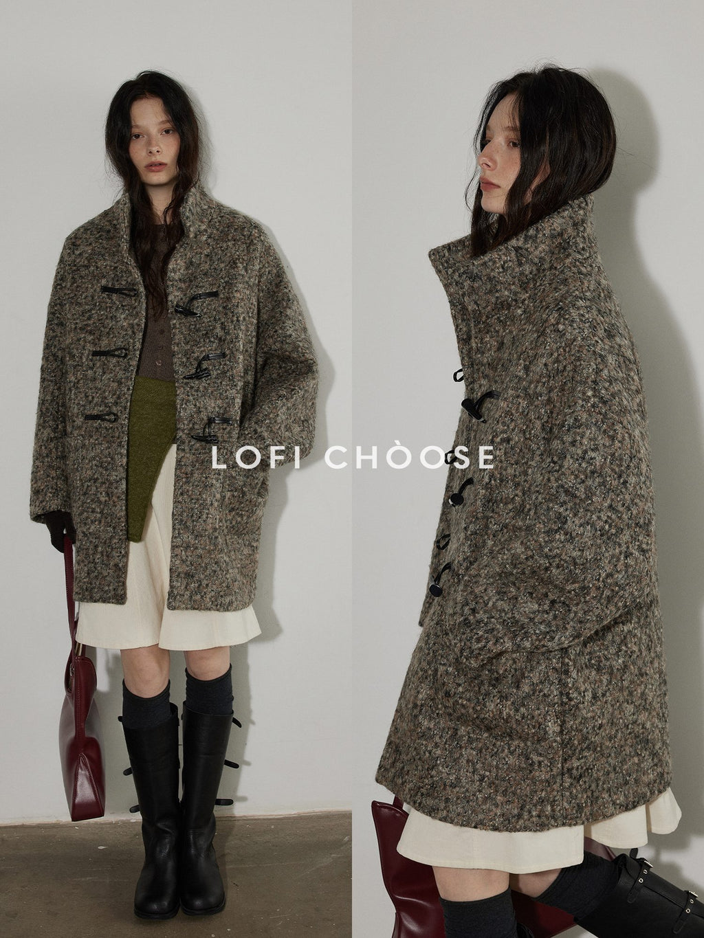 Lofi choose Heavy Wool Blend Relaxed Fit Stand Collar Midlength Commuter Toggle Wool Coats