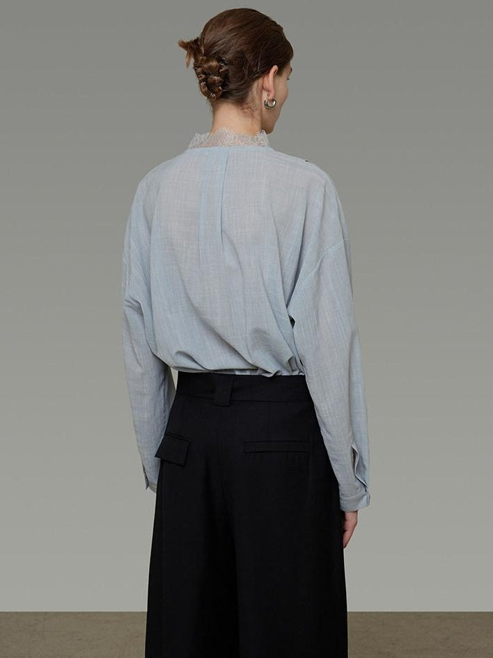unspoken Breathable Lace V-neck Loose Fit Office Women Button Long Sleeve Blouses