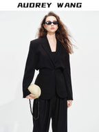 audreyyang Oversized Cinched Waist Short Notch Lapel One Button Black Polyester Blazers