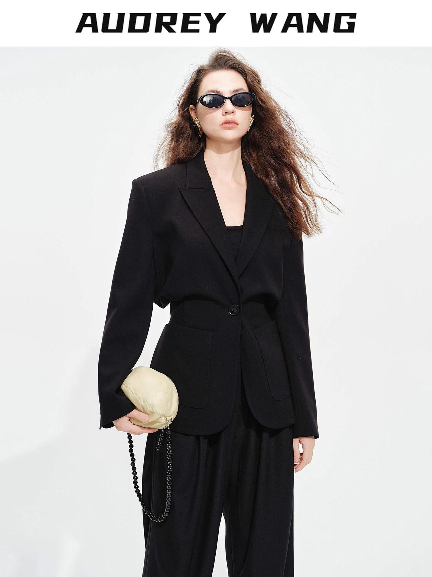audreyyang Oversized Cinched Waist Short Notch Lapel One Button Black Polyester Blazers