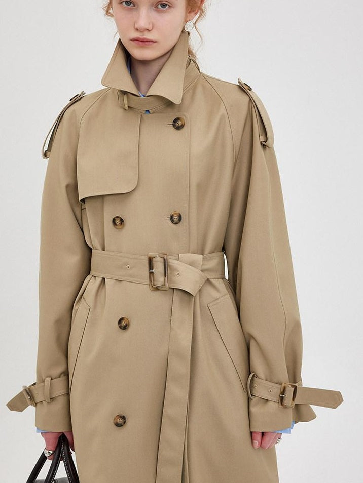 fano Double Breasted Button Loose Fit Raglan Sleeve Commuter Women Khaki Trench Coats
