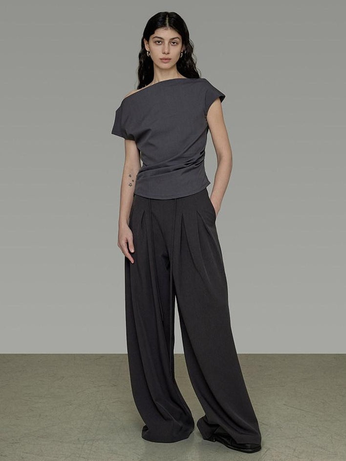 unspoken Pleated Stretch Minimalist Workwear Natural Waist Women Wide Leg Pants