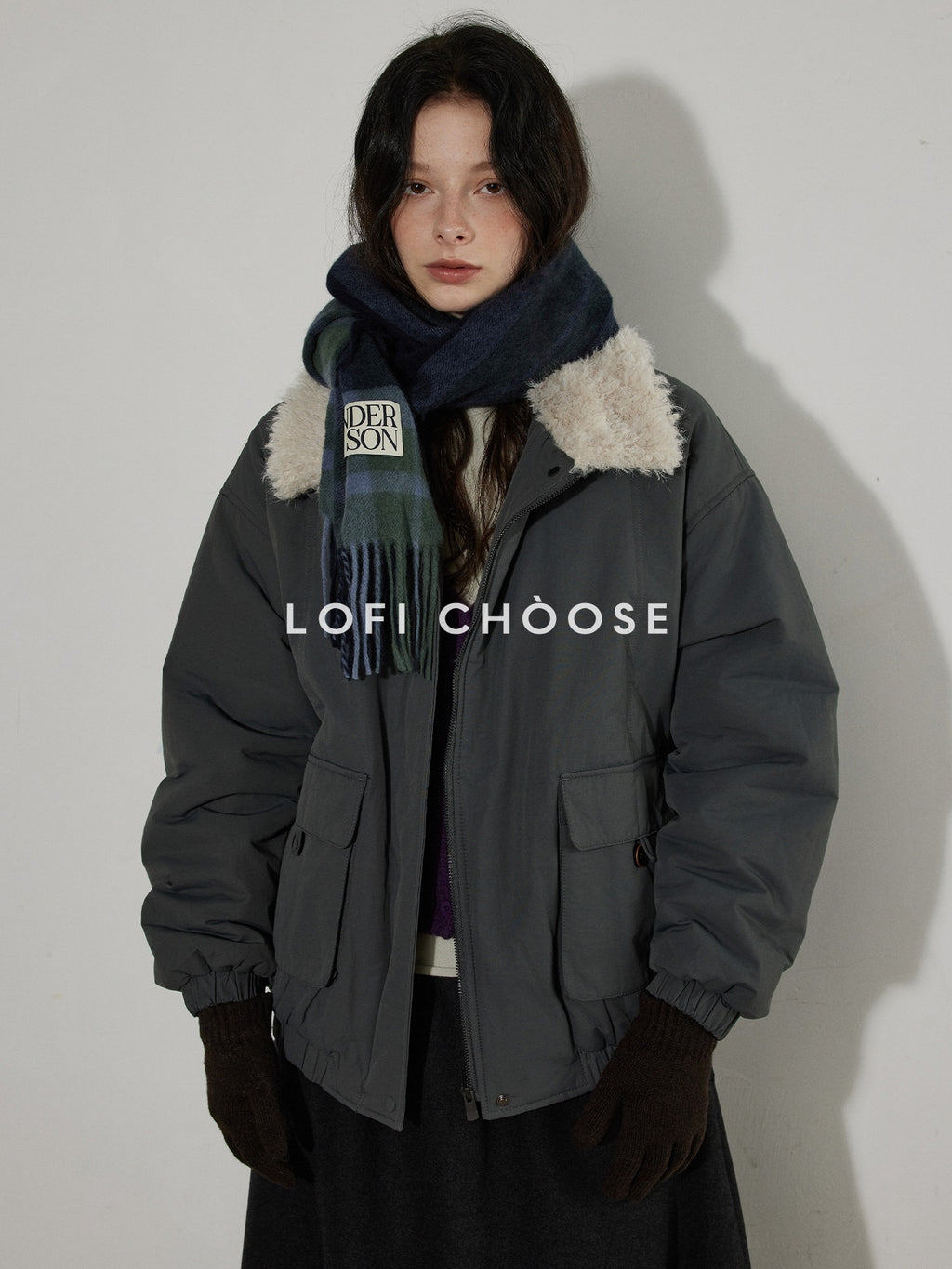 Lofi choose Warm Thick Loose Fit Commuter Zipper Long Sleeve Green Haze Gray Bomber Jackets