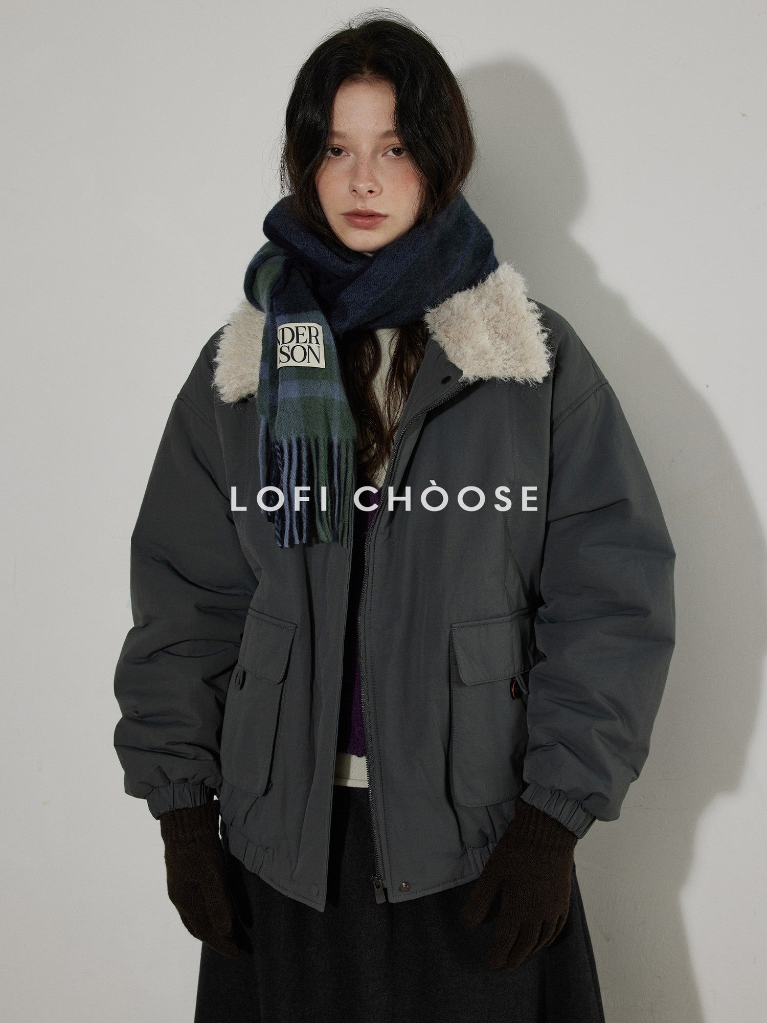 Lofi choose Warm Thick Loose Fit Commuter Zipper Long Sleeve Green Haze Gray Bomber Jackets