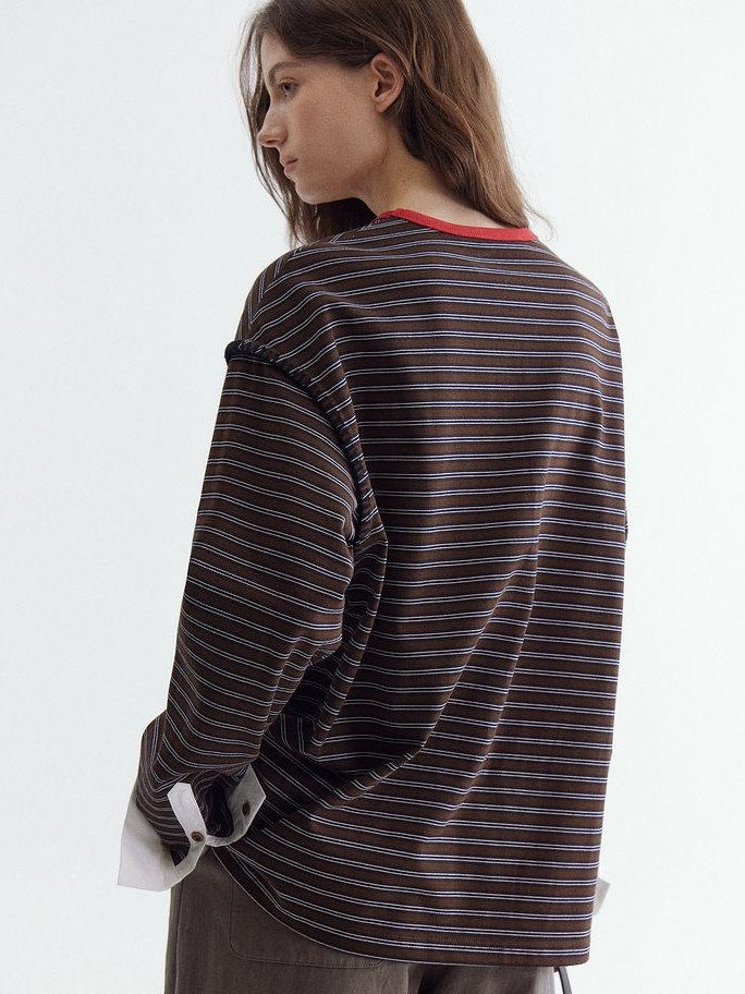 fano Comfort Cotton Stretch Striped Korean Loose Fit Women Long Sleeve T-Shirts