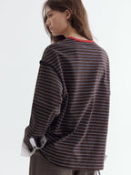 fano Comfort Cotton Stretch Striped Korean Loose Fit Women Long Sleeve T-Shirts