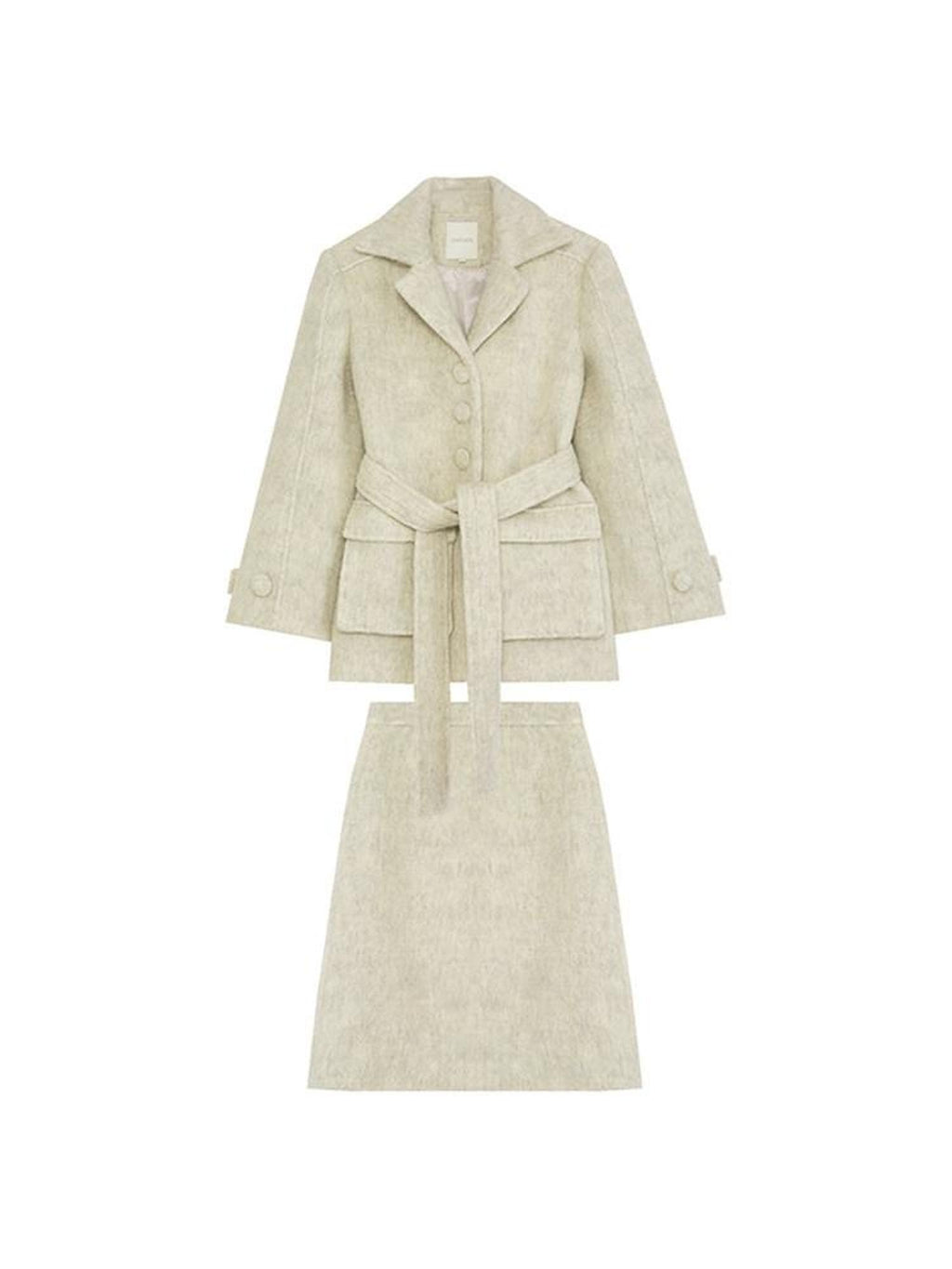 unspoken Porcelain White Wool Blend Minimal Office Single Breasted Notch Top & Skirt Sets