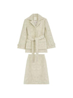 unspoken Porcelain White Wool Blend Minimal Office Single Breasted Notch Top & Skirt Sets