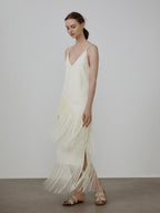 unspoken Tassel Trim High Waist V-neck A Line Strappy Office Beige Polyester Midi Dresses