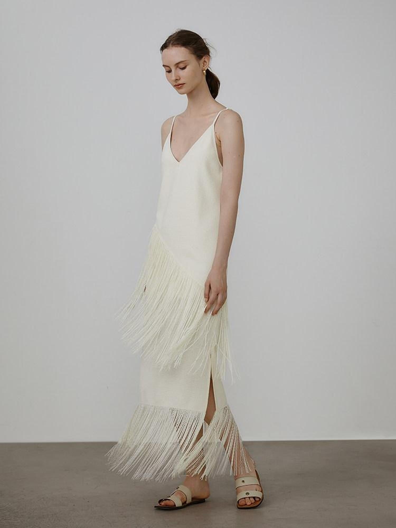 unspoken Tassel Trim High Waist V-neck A Line Strappy Office Beige Polyester Midi Dresses