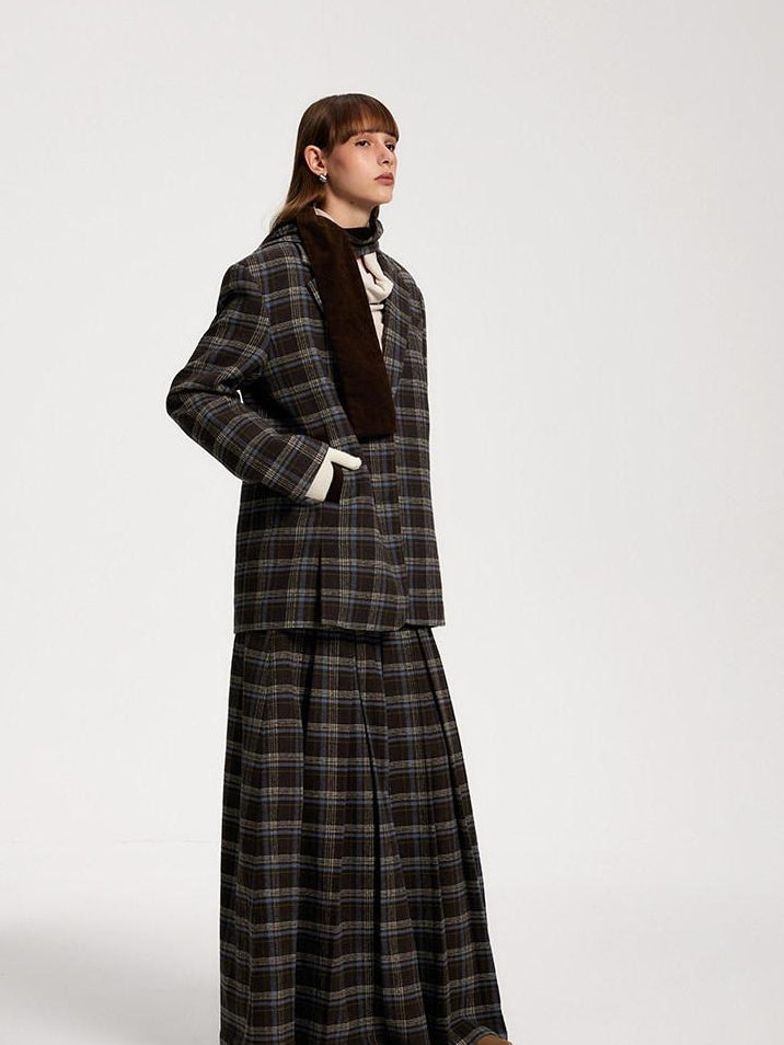 someone sometimes Original Design Plaid V-neck Long Sleeve Polyester Office Chic Top & Skirt Sets