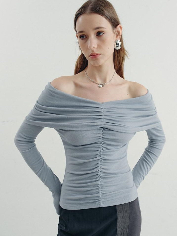 someone sometimes Soft Mist Blue Viscose Blend Slim Fit Round Neck Women Long Sleeve T-Shirts