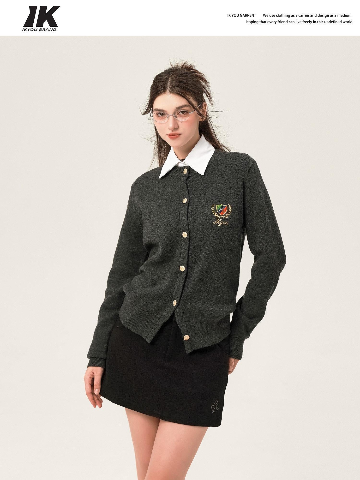 ikyou Embroidered V-neck Minimal Office Knit Button Front Long Sleeve Cardigans