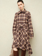 audreyyang Brushed Cotton Sunset Orange Belted Plaid Cardigan Women Top & Skirt Sets