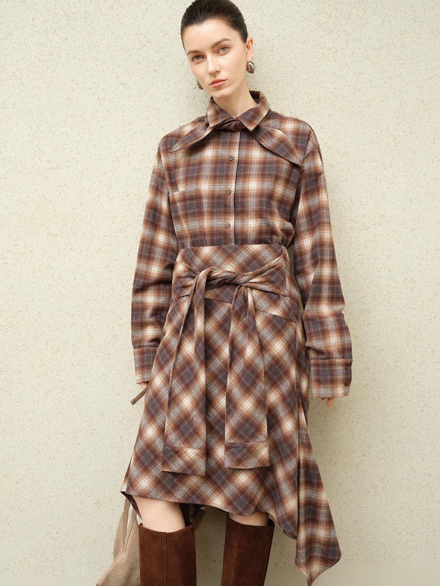 audreyyang Brushed Cotton Sunset Orange Belted Plaid Cardigan Women Top & Skirt Sets