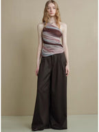someonesometimes Comfort Minimalist Elastic Natural Waist Office Dark Brown Wide Leg Pants