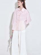 fano Shape Retention Lyocell Blend Korean Work Loose Turn Collar Pink Women Blouses