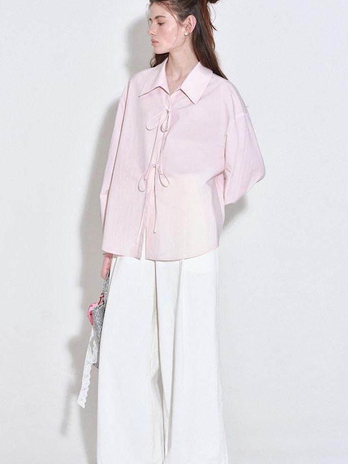 fano Shape Retention Lyocell Blend Korean Work Loose Turn Collar Pink Women Blouses